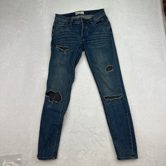 Free People Distressed Skinny Jeans Size 24 Low Rise Denim Ripped Blue - Picture 1 of 9